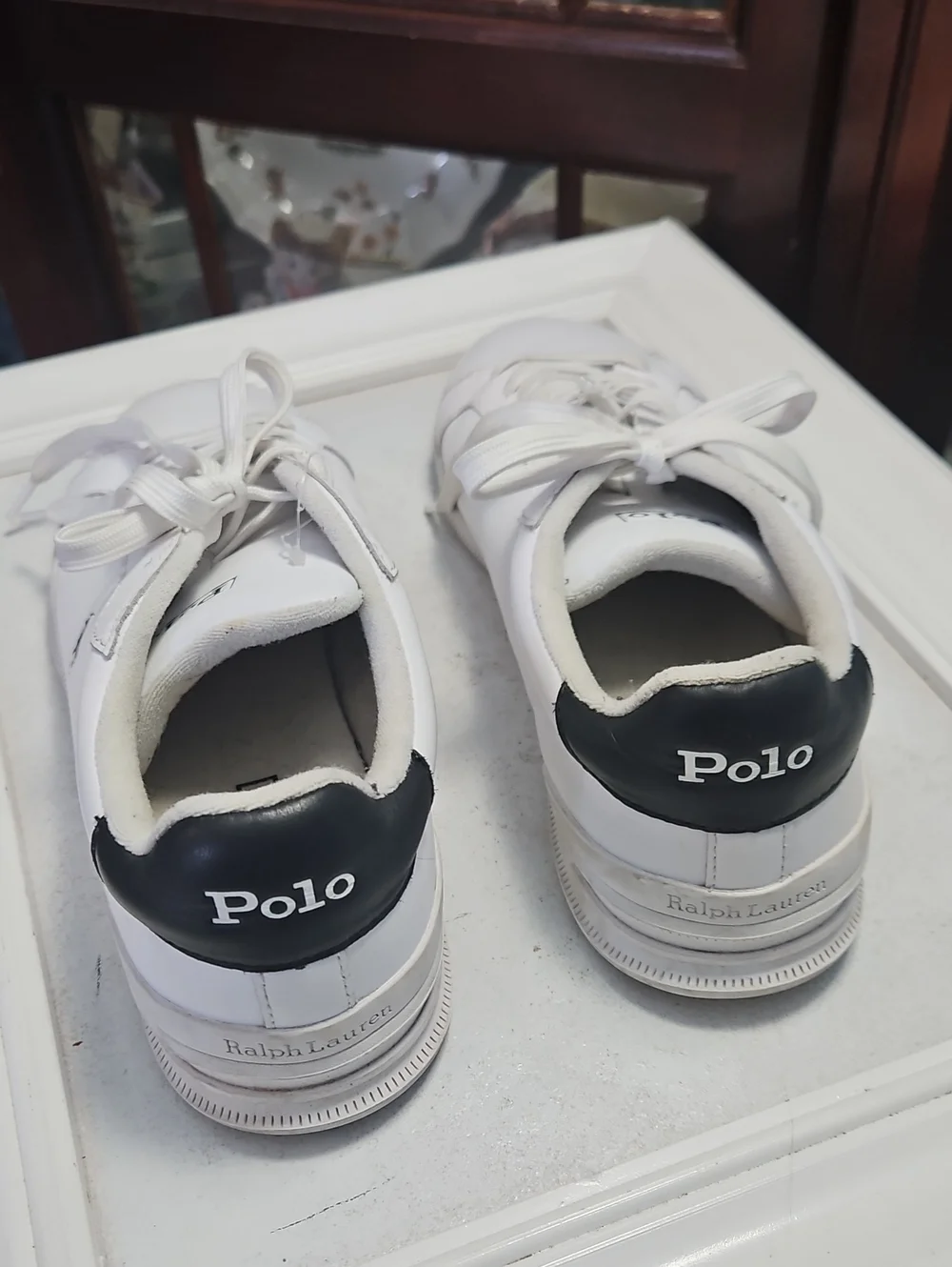 Polo Ralph Lauren Heritage Court White Low Top Leather Sneakers Black Heel 10.5
